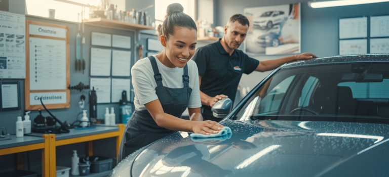 Comment se former au detailing professionnel en 2025 | Critères, erreurs et parcours Illustration d'une personne en train de se former au detailing automobile, entourée d'outils professionnels et de supports pédagogiques, dans un atelier moderne.