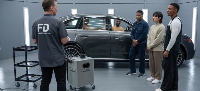Comment se former au detailing professionnel en 2025 : compétences clés, pièges à éviter et parcours certifiants Formateur professionnel en train d'expliquer les techniques avancées de polissage automobile à un petit groupe de stagiaires dans un centre de formation spécialisé, avec un véhicule de luxe en arrière-plan et des équipements de nettoyage vapeur et pose de film PPF visibles.